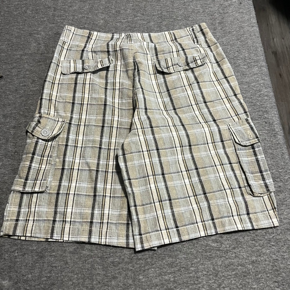 Non Stop Sofich Mens Plaid Cargo Shorts Grey Tan Size 34 Cotton Blend Utility